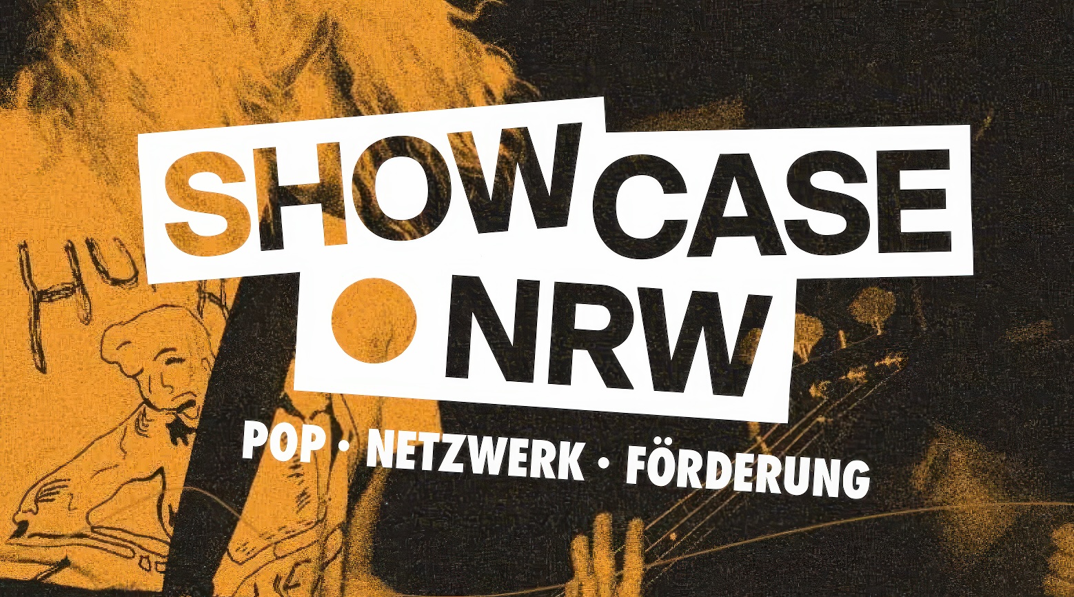Auf dem Bild steht der Text: Showcase NRW. Pop. Netzwerk. Förderung. Der Hintergrund ist gelb und schwarz.